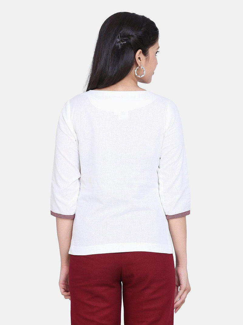 Check Detail Cotton Top For Women - White