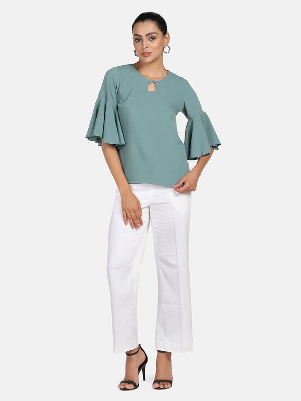Bell Sleeves Poly Crepe Top - Sage Green