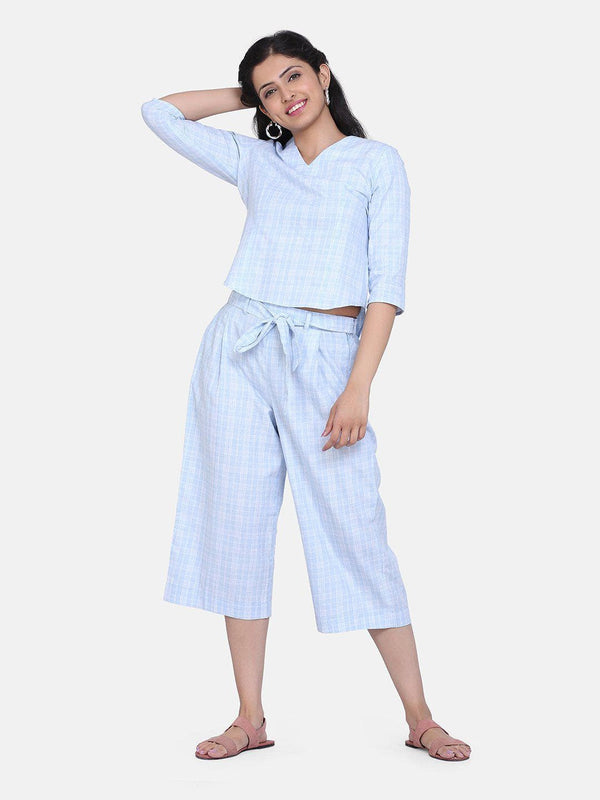 Check Cotton Co-ord Culottes For Women - Sky Blue