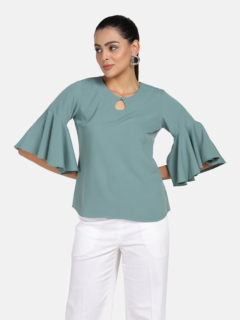 Bell Sleeves Poly Crepe Top - Sage Green