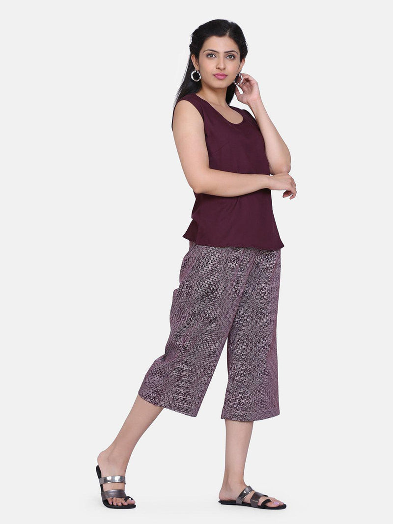 Cotton Silk Dot Pattern Culottes For Women - Maroon