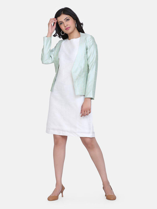 Pistachio green open front dupioni jacket with white dupion sheath dress