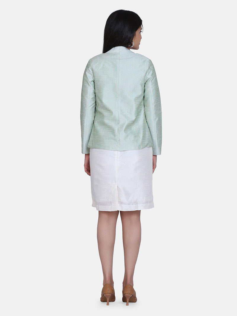 Pistachio green open front dupioni jacket with white dupion sheath dress