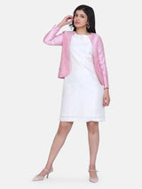 Baby Pink Dupioni Jacket with Creamy White Dupioni Party Sheath Dress