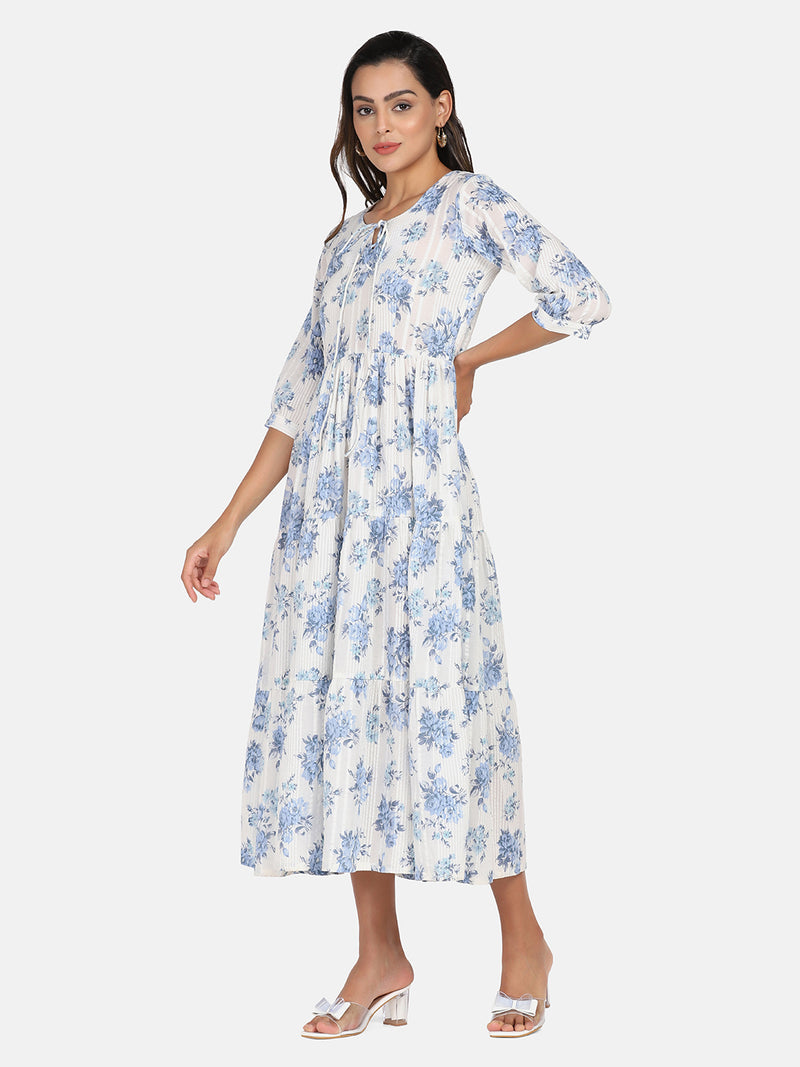 Cotton Tier Dress - Blue & White