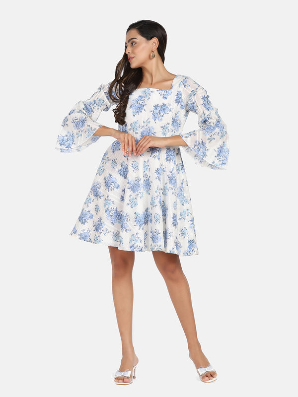 Cotton Mini Flare Dress - Blue & White