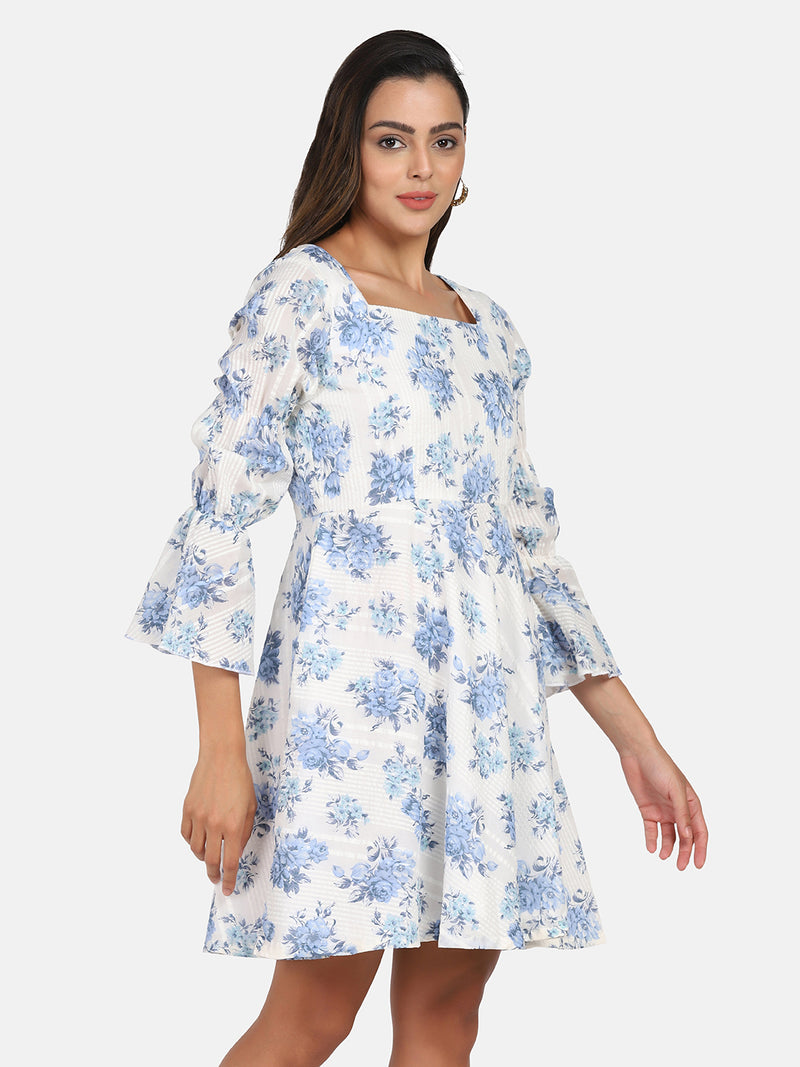 Cotton Mini Flare Dress - Blue & White