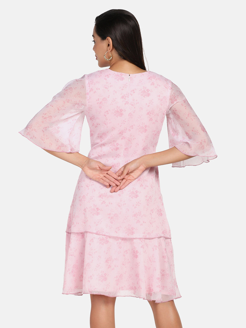 Floral Print Chiffon A line Dress - Pink