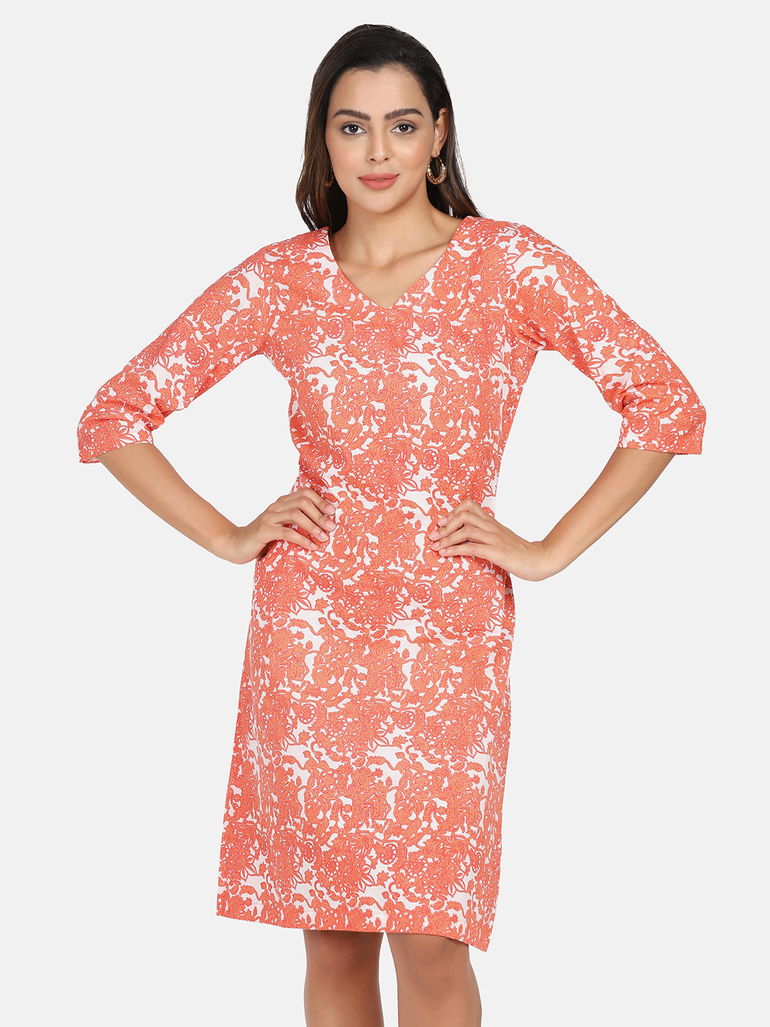 Cotton Printed A Line Dress - Orange & White