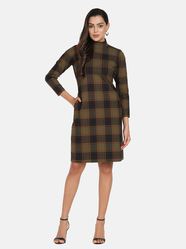 Warm Checkered Tweed Dress - Brown