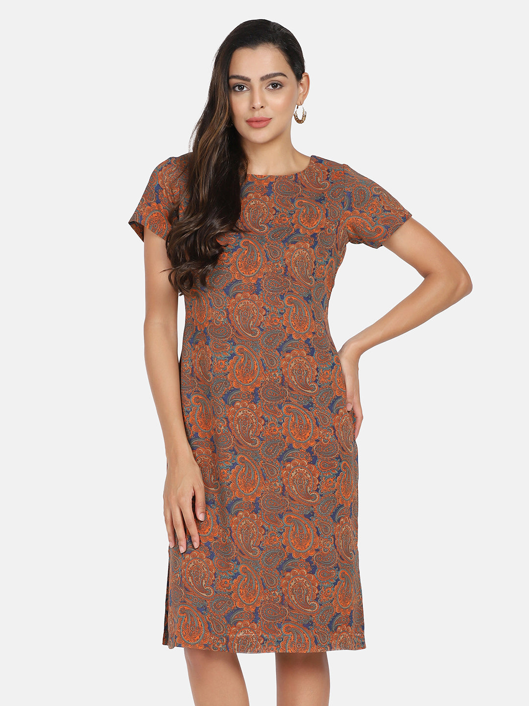 Printed Paisley Print Georgette Sheath Dress for Women - Orange & Blue