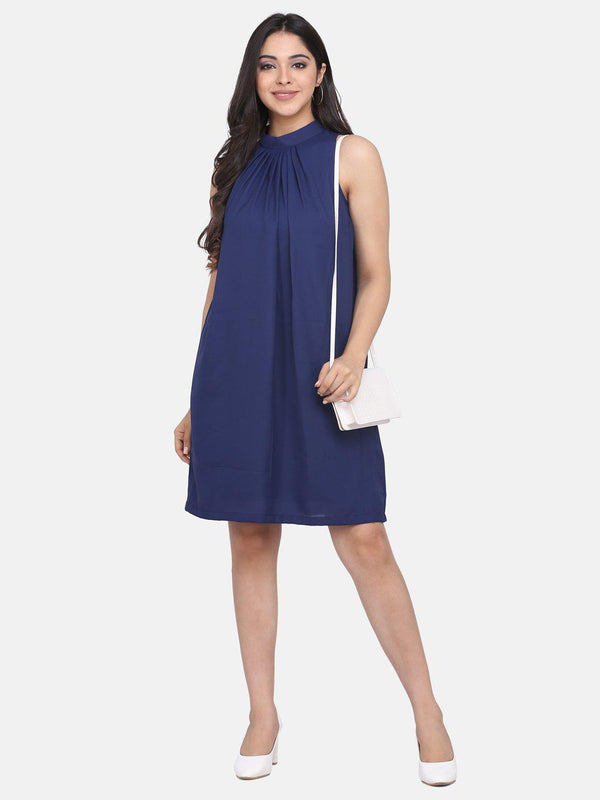 Sunburst Neck Trapeze Dress For Women - Royal Blue