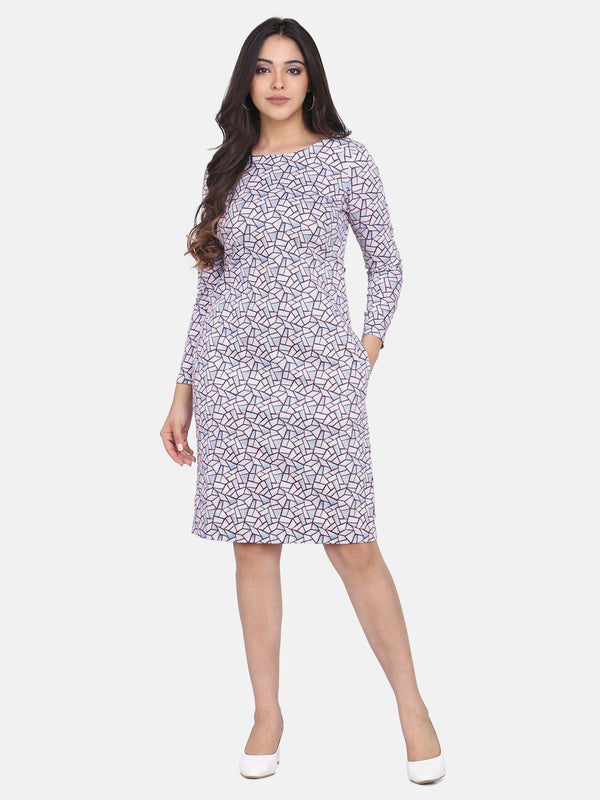 Mauve Geometric Print Cotton Stretch Dress