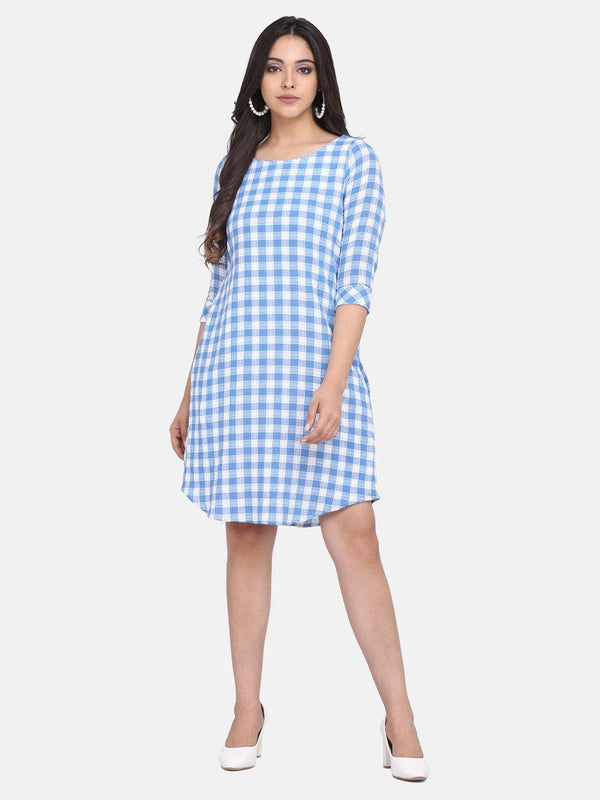 Checkered Cotton Dress For Women - Blue and White