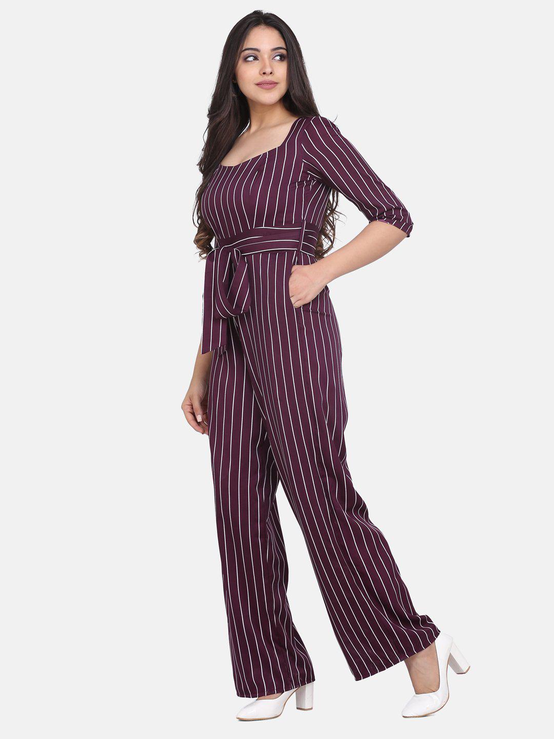 Burgundy Red Striped Crepe Jump Suit