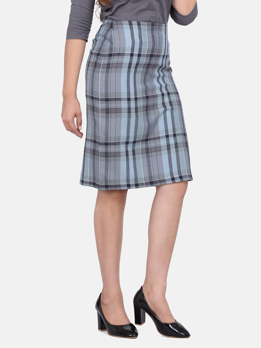 Grey Checkered Straight Cotton Skirt