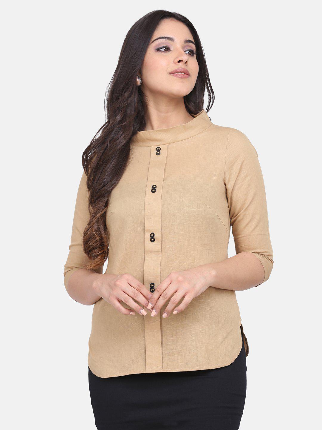 Round Collar Cotton Top For Women - Beige