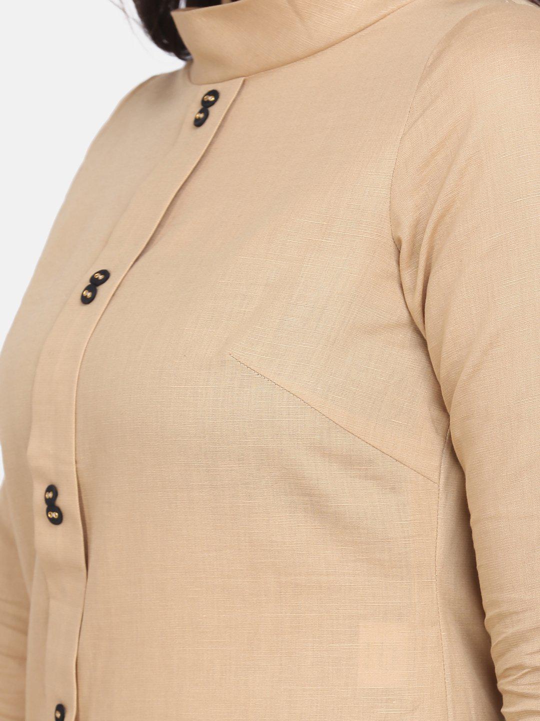 Round Collar Cotton Top For Women - Beige