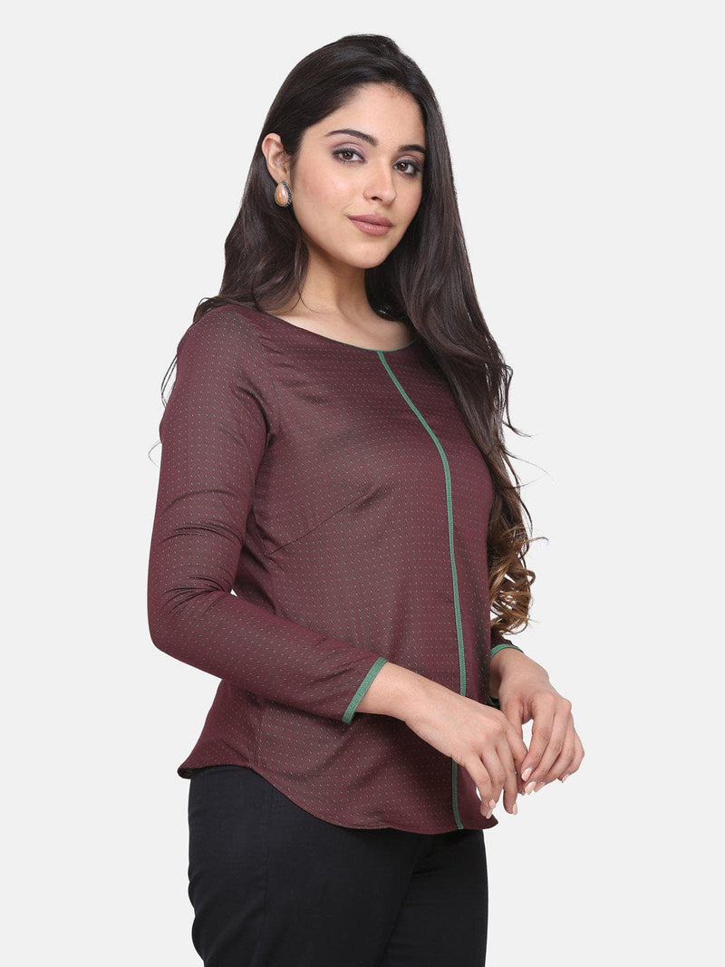 Cotton Top For Women With Green Piping Details - Brown