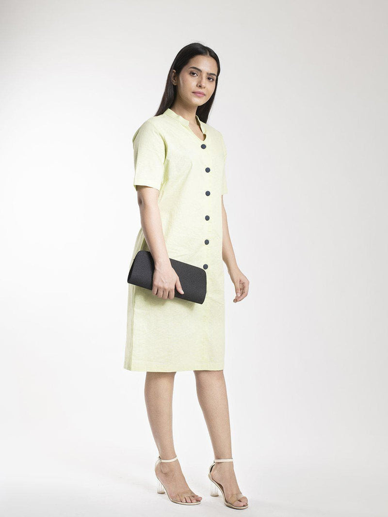 Cotton Linen Button Down Shirt Dress For Women - Apple Green