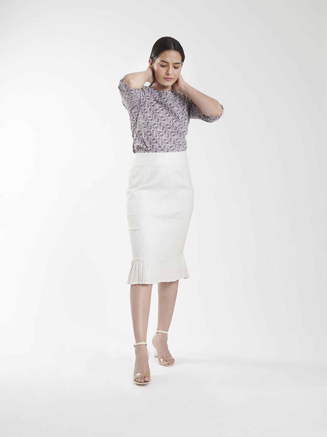 Beige Linen Pleat Detail Stretch Skirt