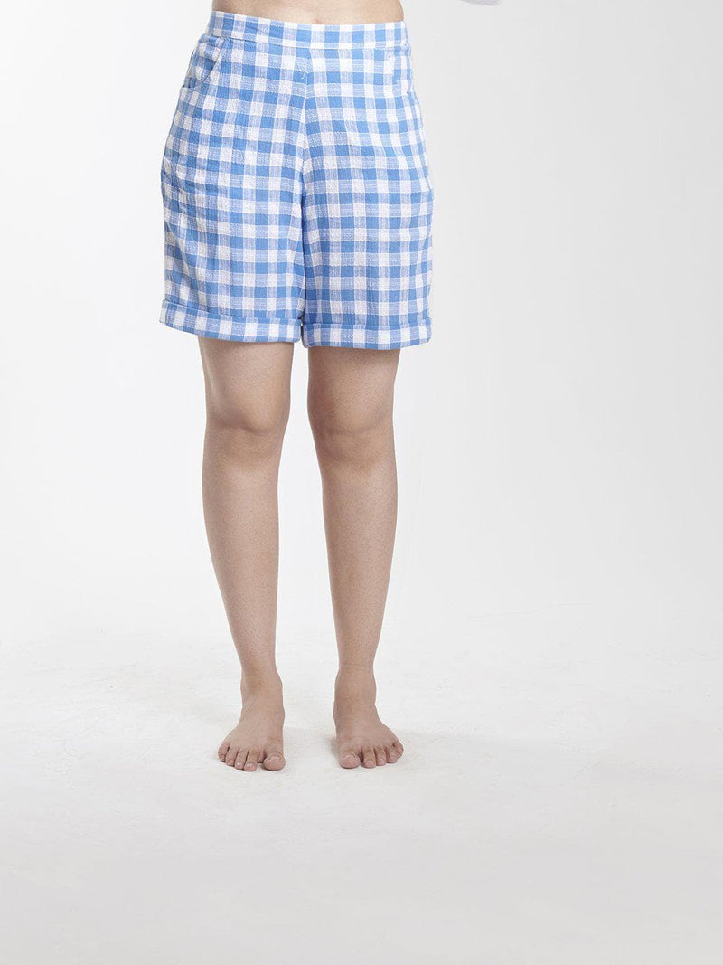 Blue Checkered Cotton Shorts