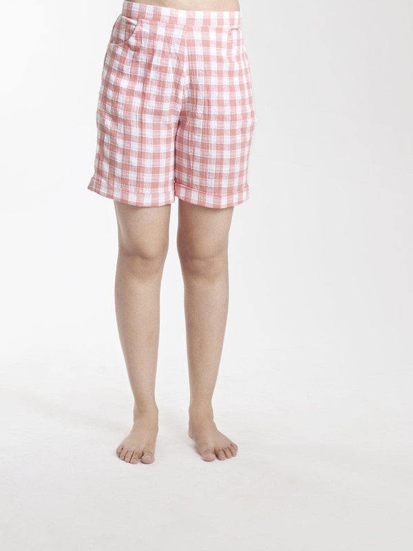 Checkered Cotton Shorts - Peach
