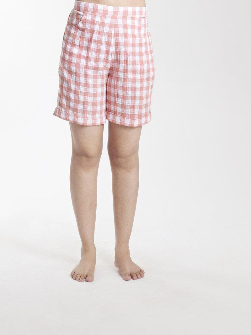 Checkered Cotton Shorts - Peach