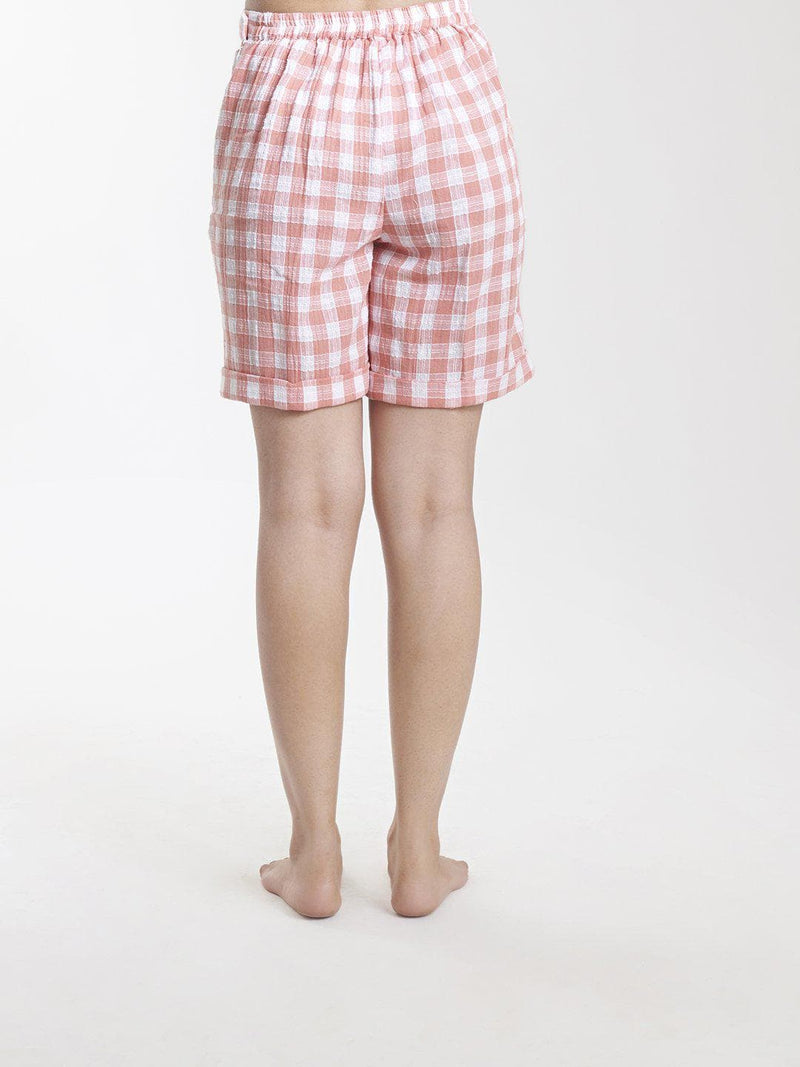 Checkered Cotton Shorts - Peach