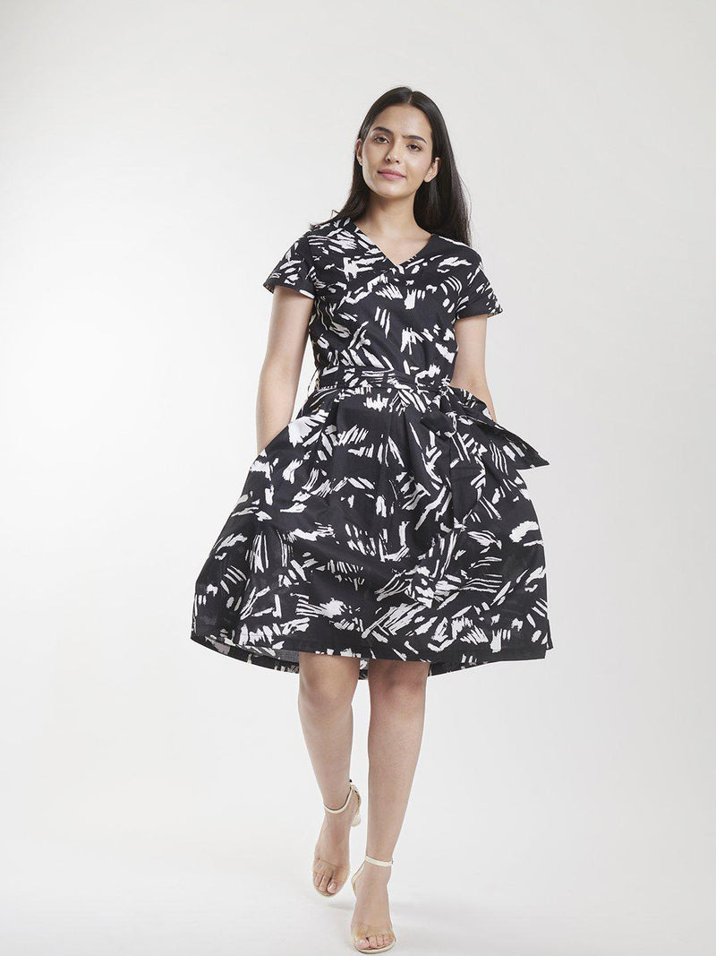 Printed Cotton Angarakha Flare Dress For Women - Black