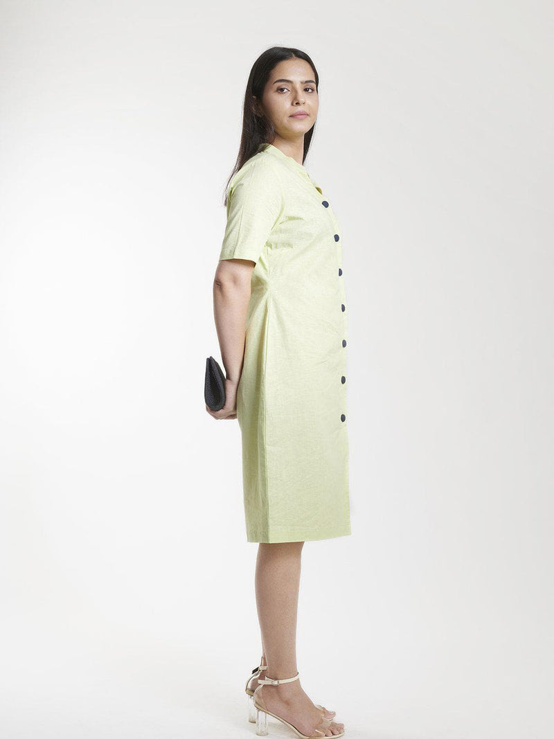 Cotton Linen Button Down Shirt Dress For Women - Apple Green