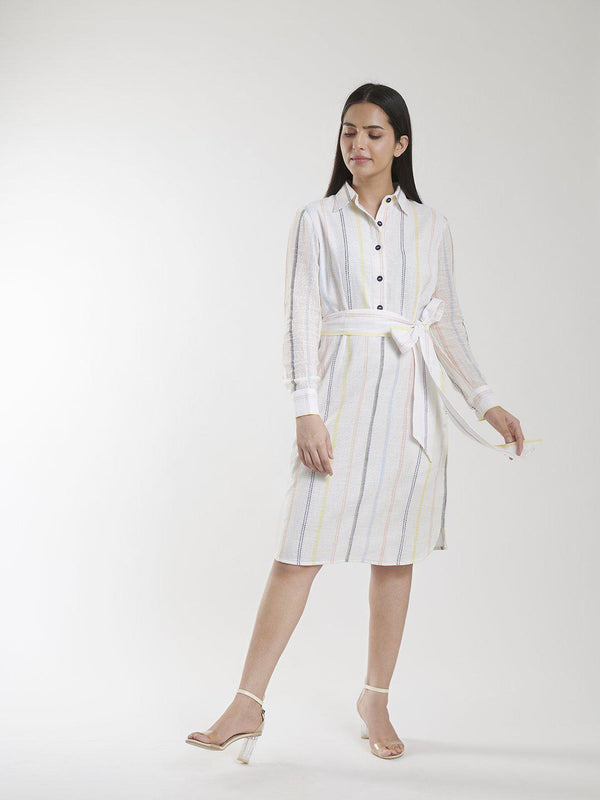  Striped Cotton Shirt Dress For Women - Off White