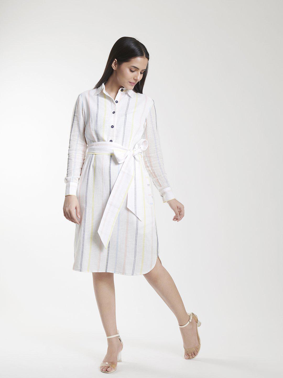  Striped Cotton Shirt Dress For Women - Off White