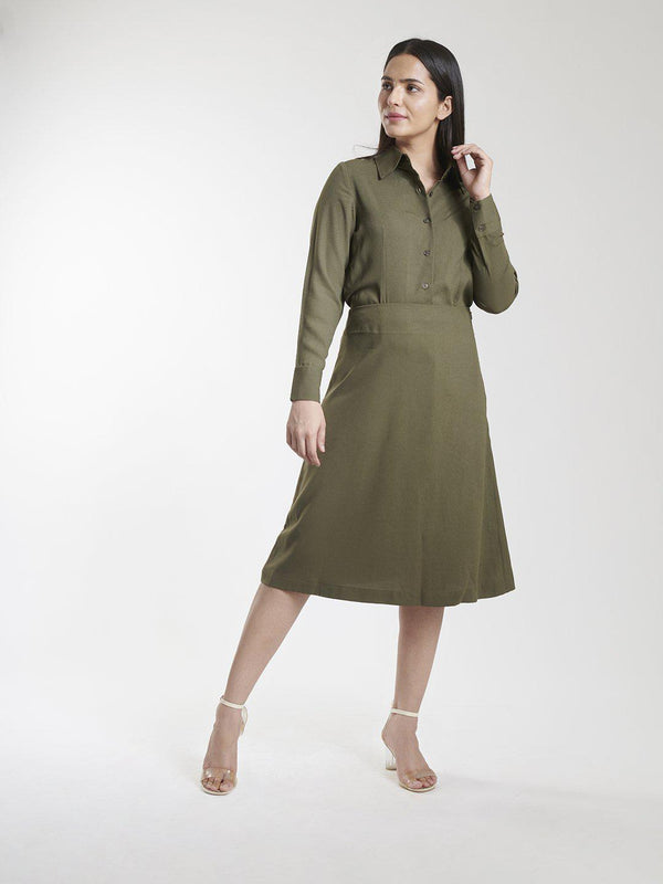 Olive Green Poly Moss A Line Skirt Suit