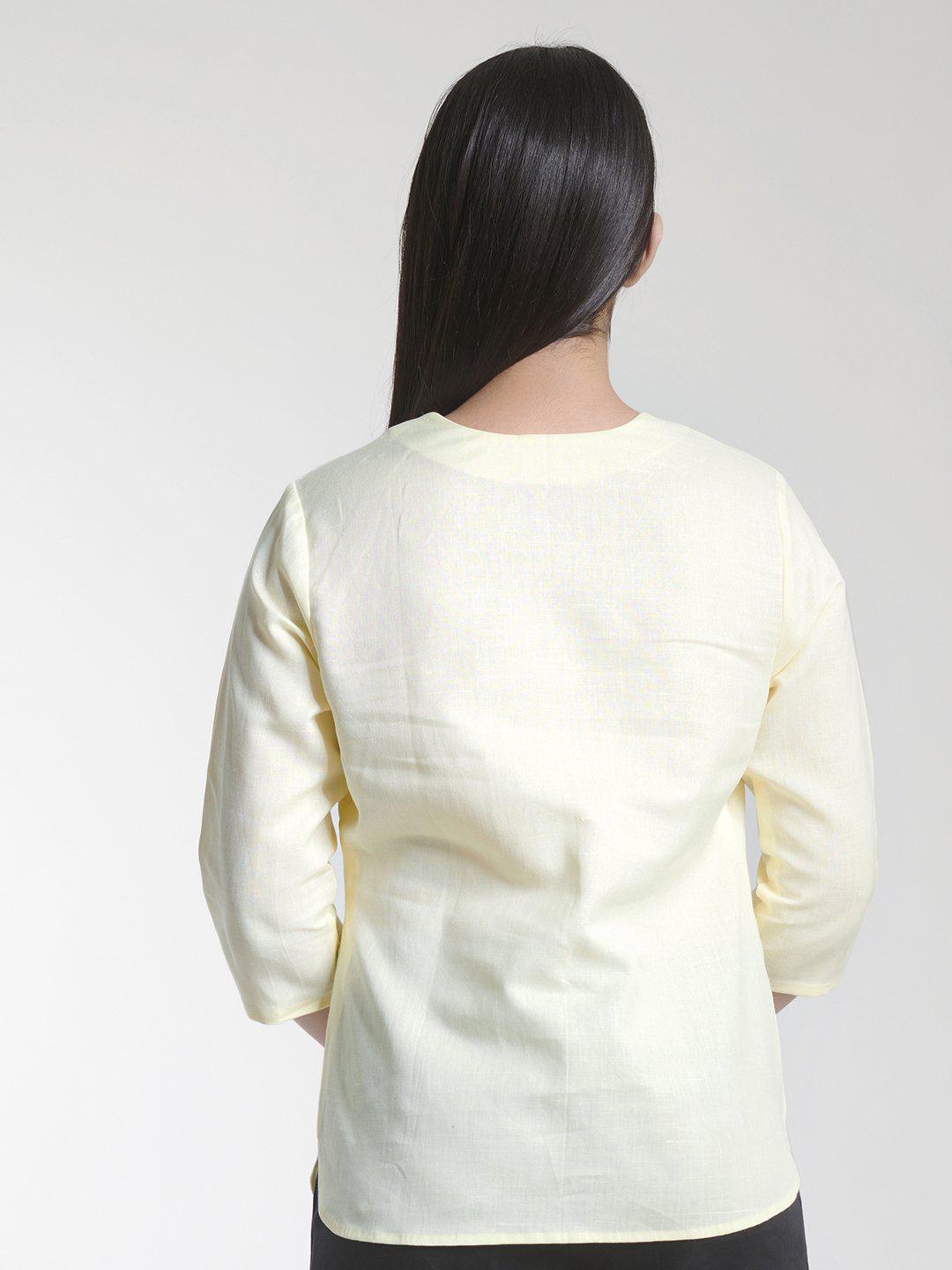 V Neck Linen Cotton Top For Women - Lemon Yellow