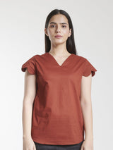 V Neck Scalloped Detailed Cotton Top For Women - Brick Red