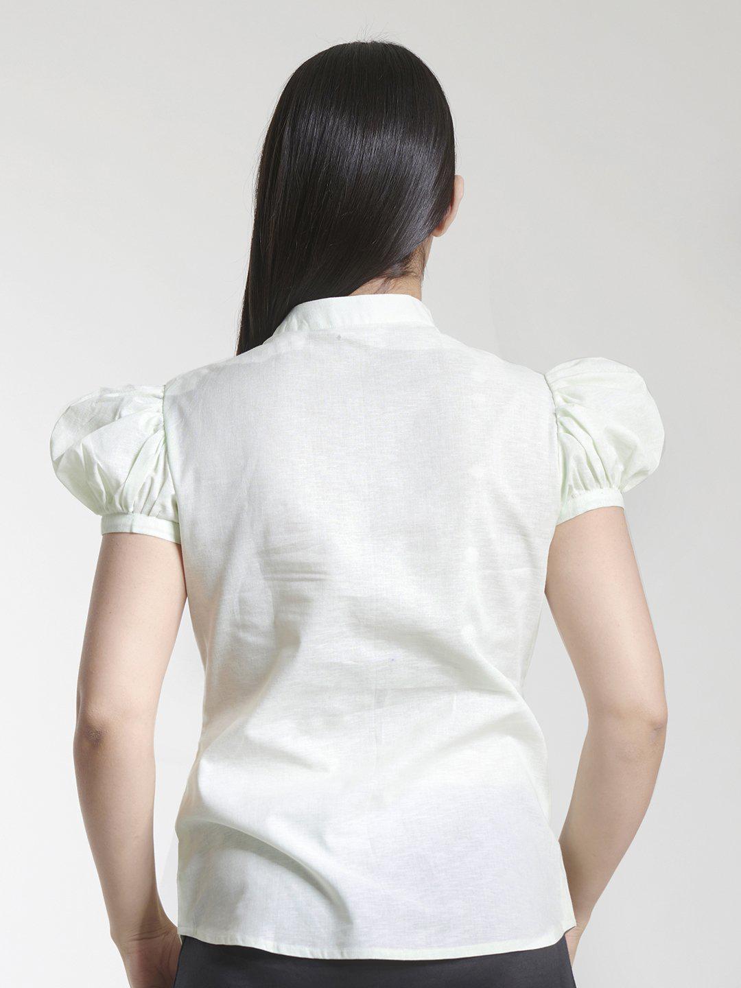 High Neck Cotton Linen Top For Women - Sea Green