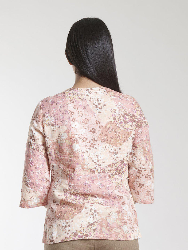 V Neck Floral Print Linen Cotton Top For Women  - Beige
