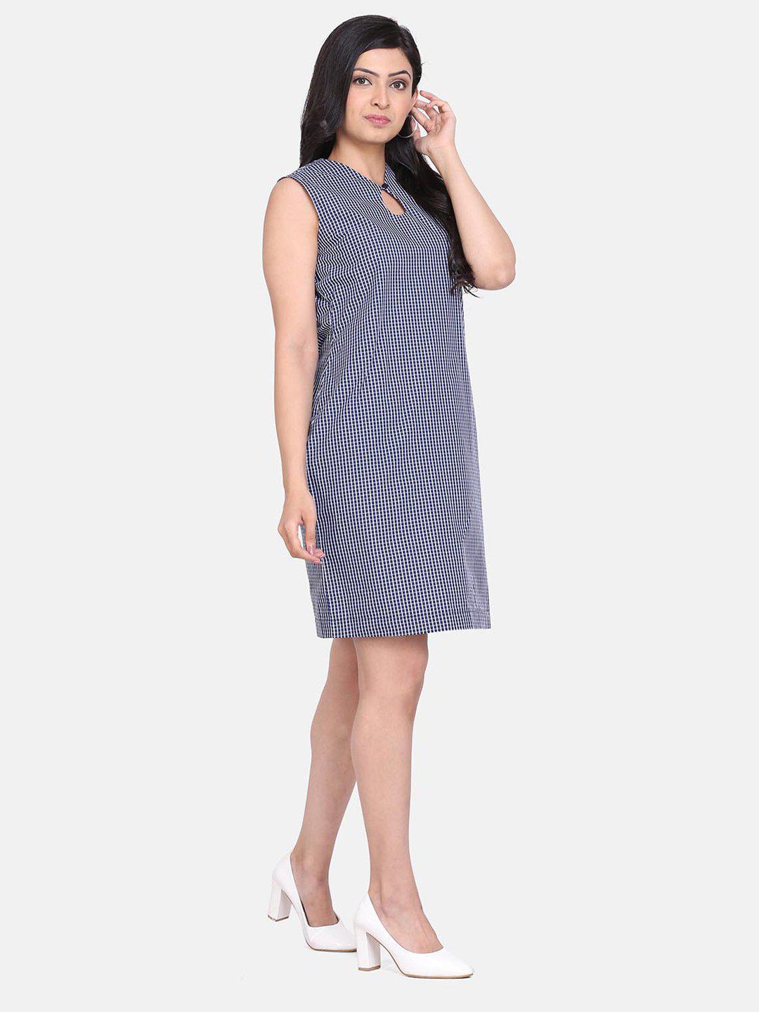 Gingham Check Cotton Shift Dress For Women - Blue and White