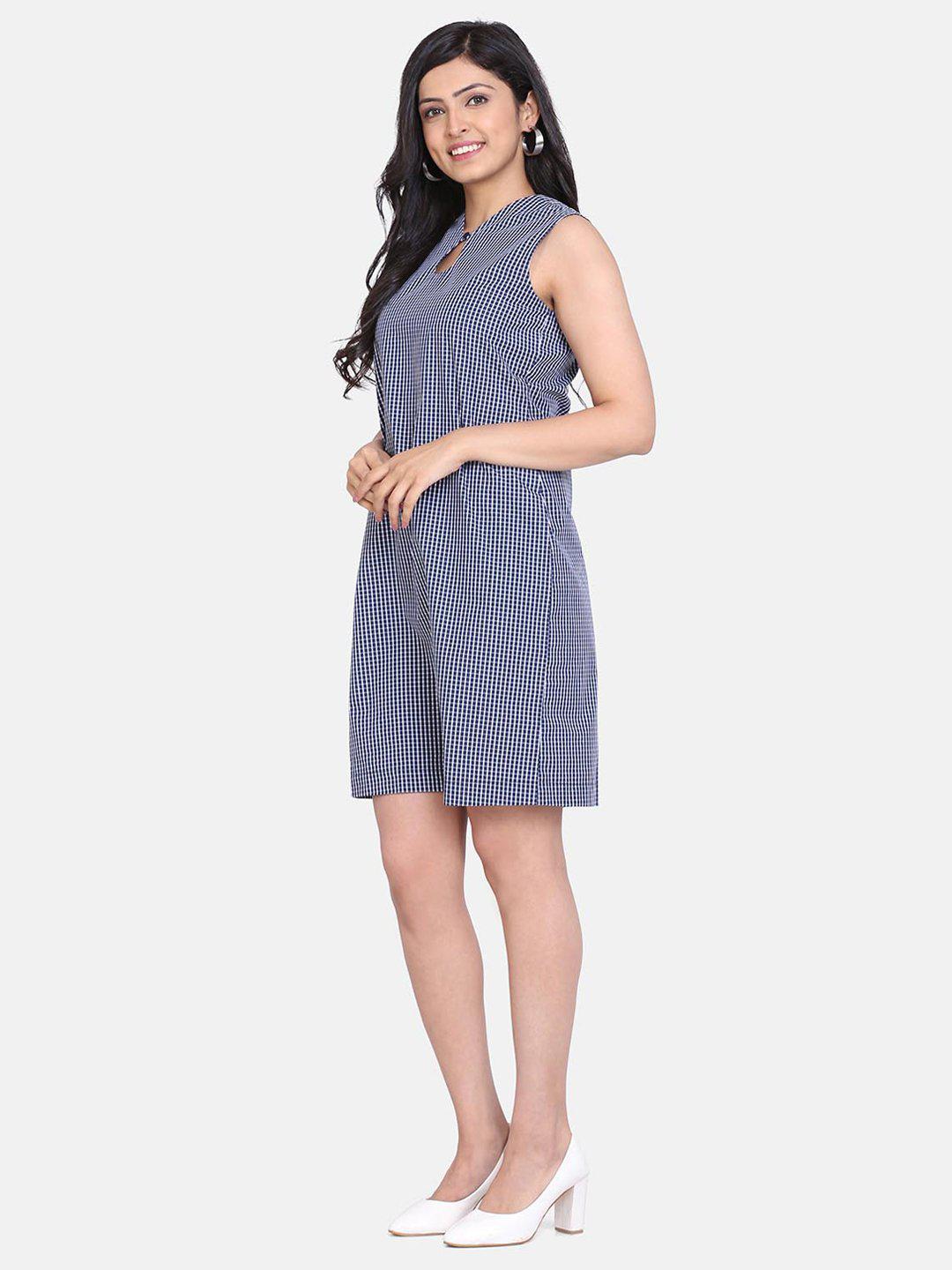 Gingham Check Cotton Shift Dress For Women - Blue and White
