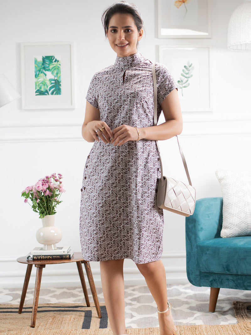 Floral Print Cotton High Neck Shift Dress For Women - Brown