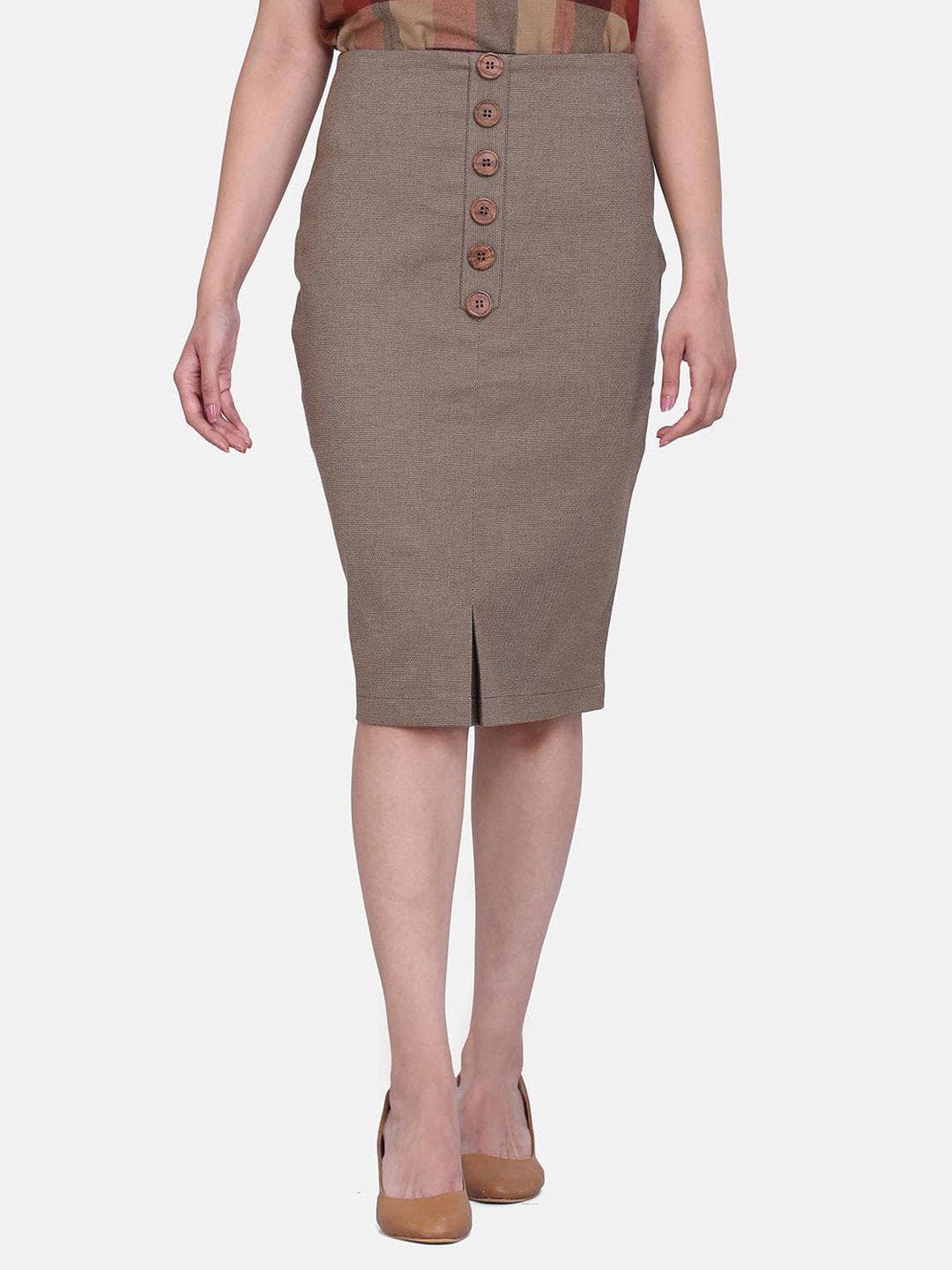 Ginger Brown Button Detail Cotton Pencil Skirt