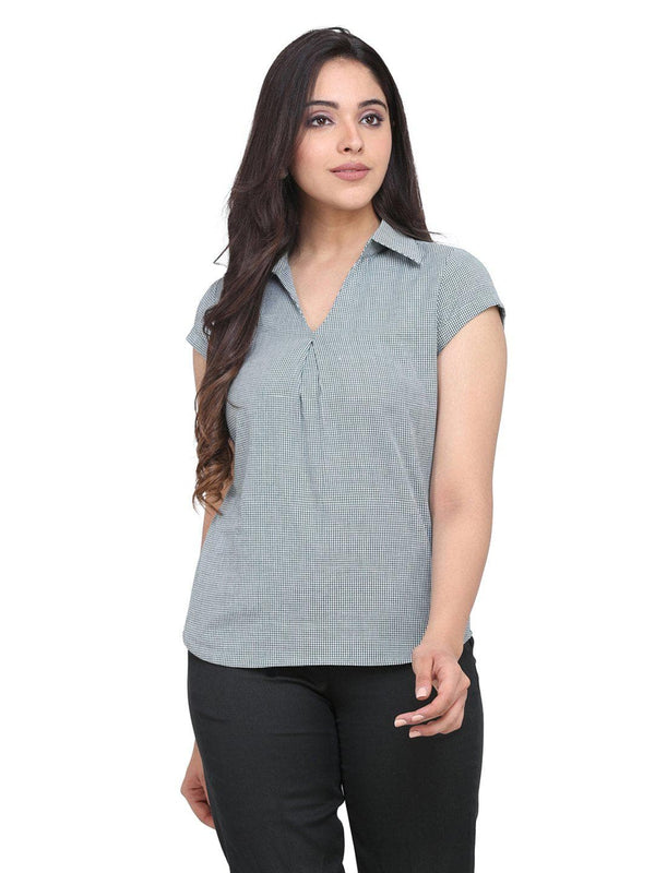 Check Cotton Top For Women - Green