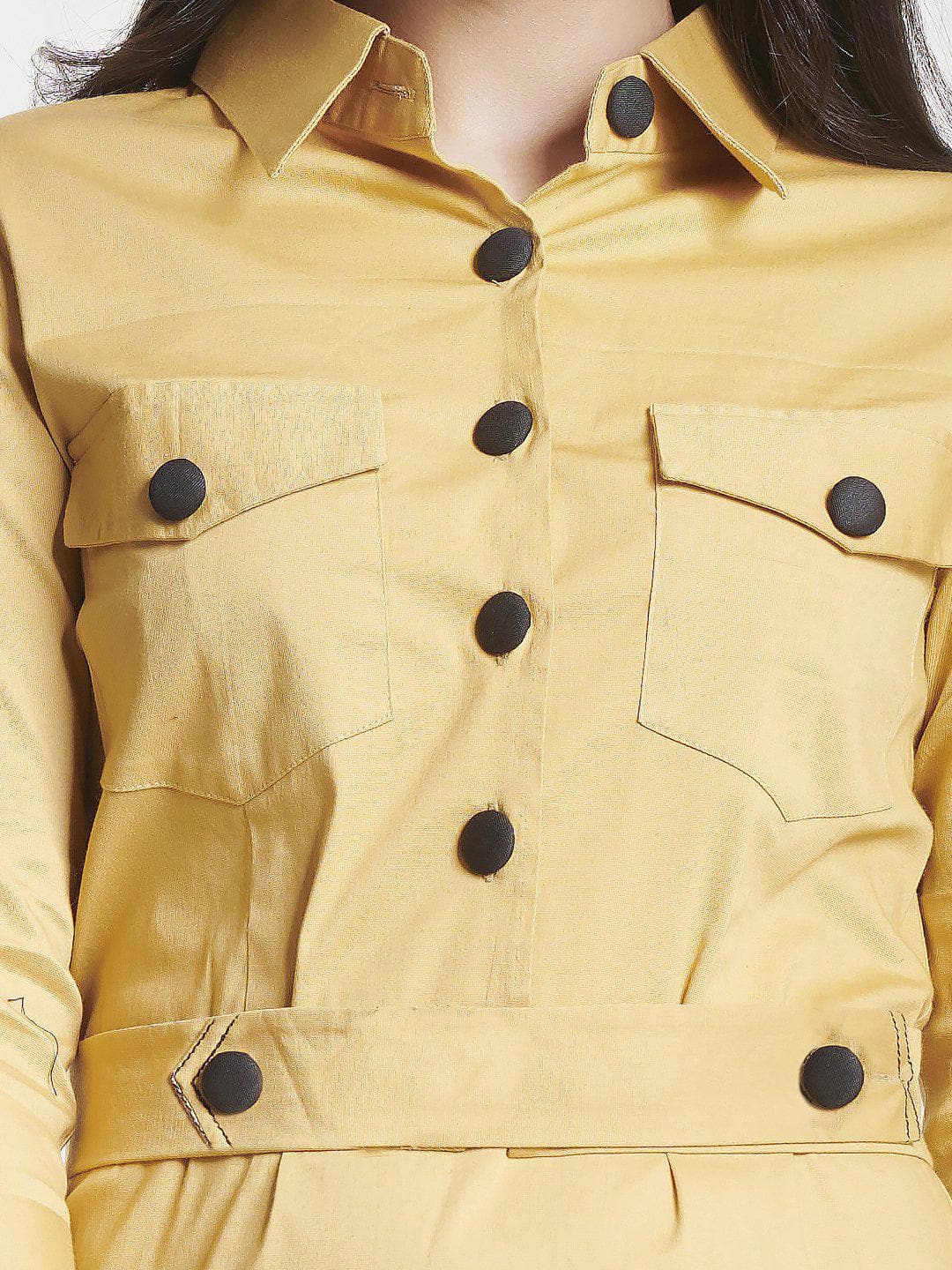 Cotton Poplin Button Detailed Stretch Sheath Dress For Women - Mustard