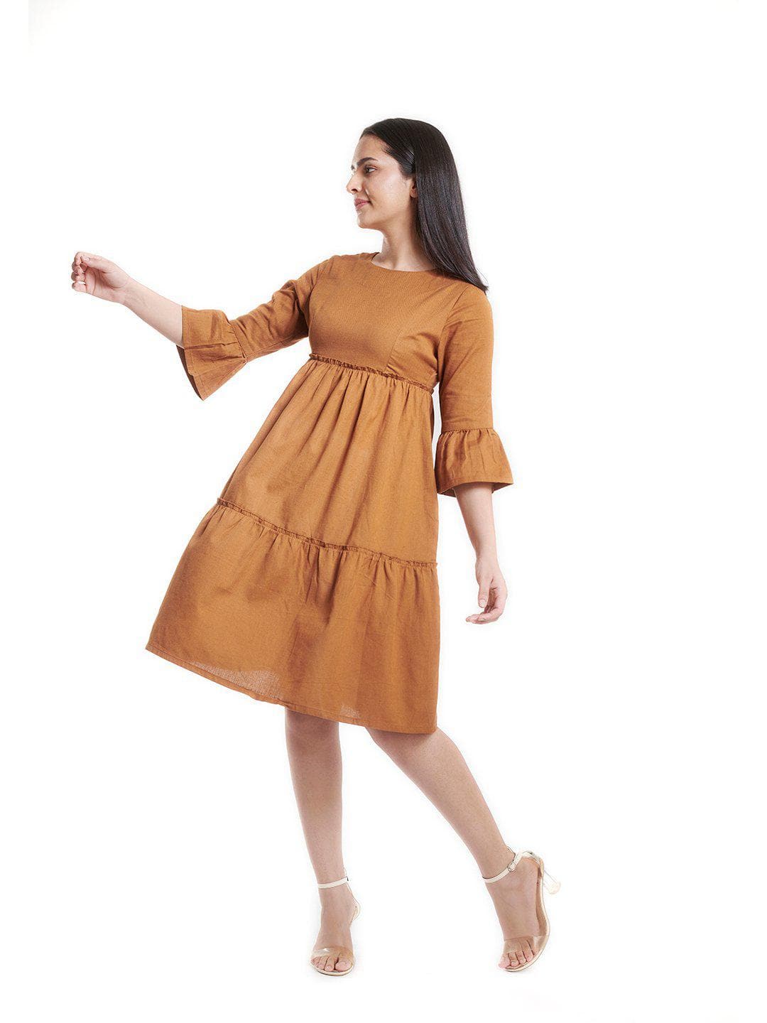 Cotton Tiered Dress For Women - Mustard Yellow