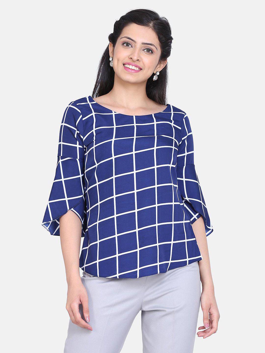 Windowpane Check Crepe Top For Women - Royal Blue