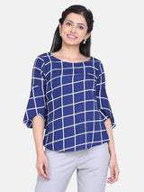 Windowpane Check Crepe Top For Women - Royal Blue