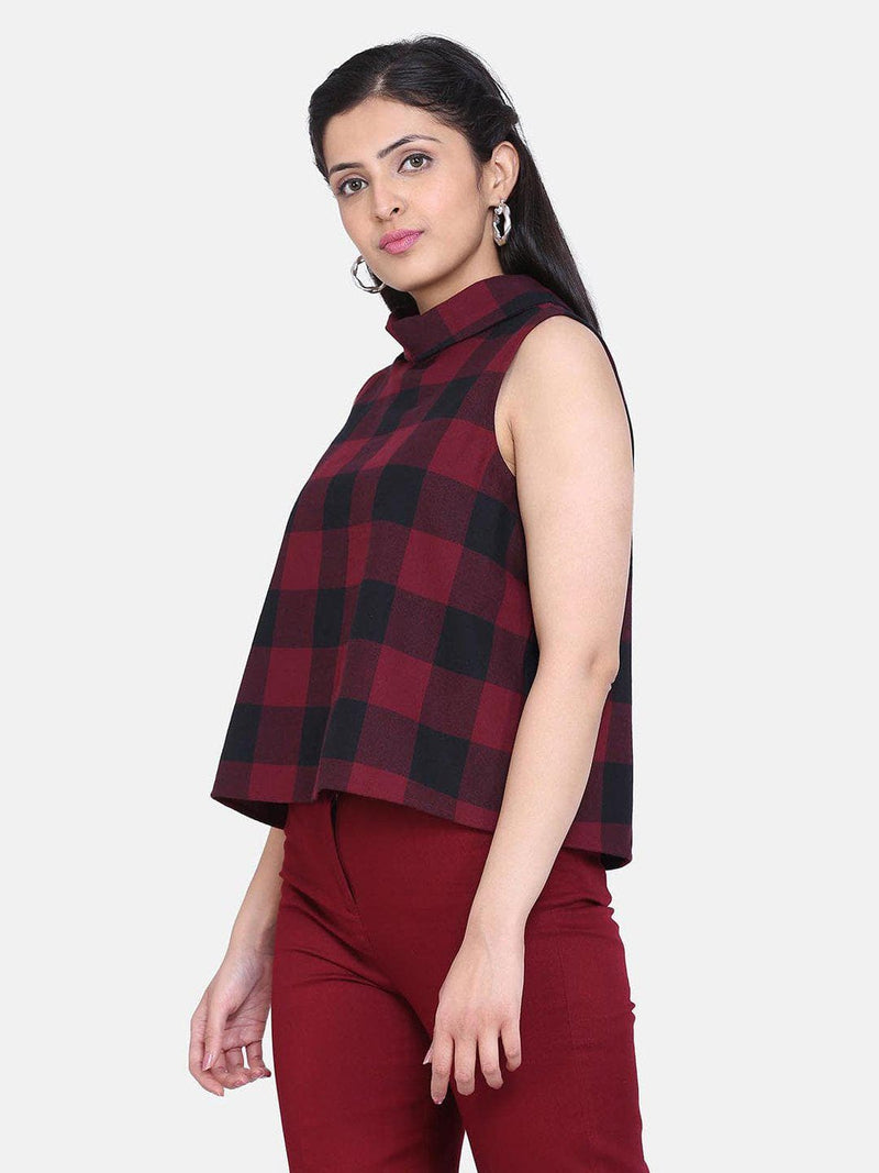 Check Trapeze Cotton Top For Women - Wine Red